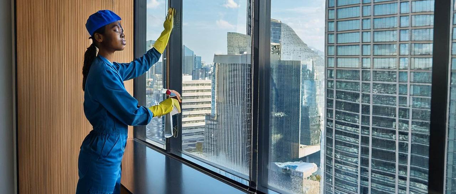 Technicien Proaxion lavant les vitres d’un immeuble