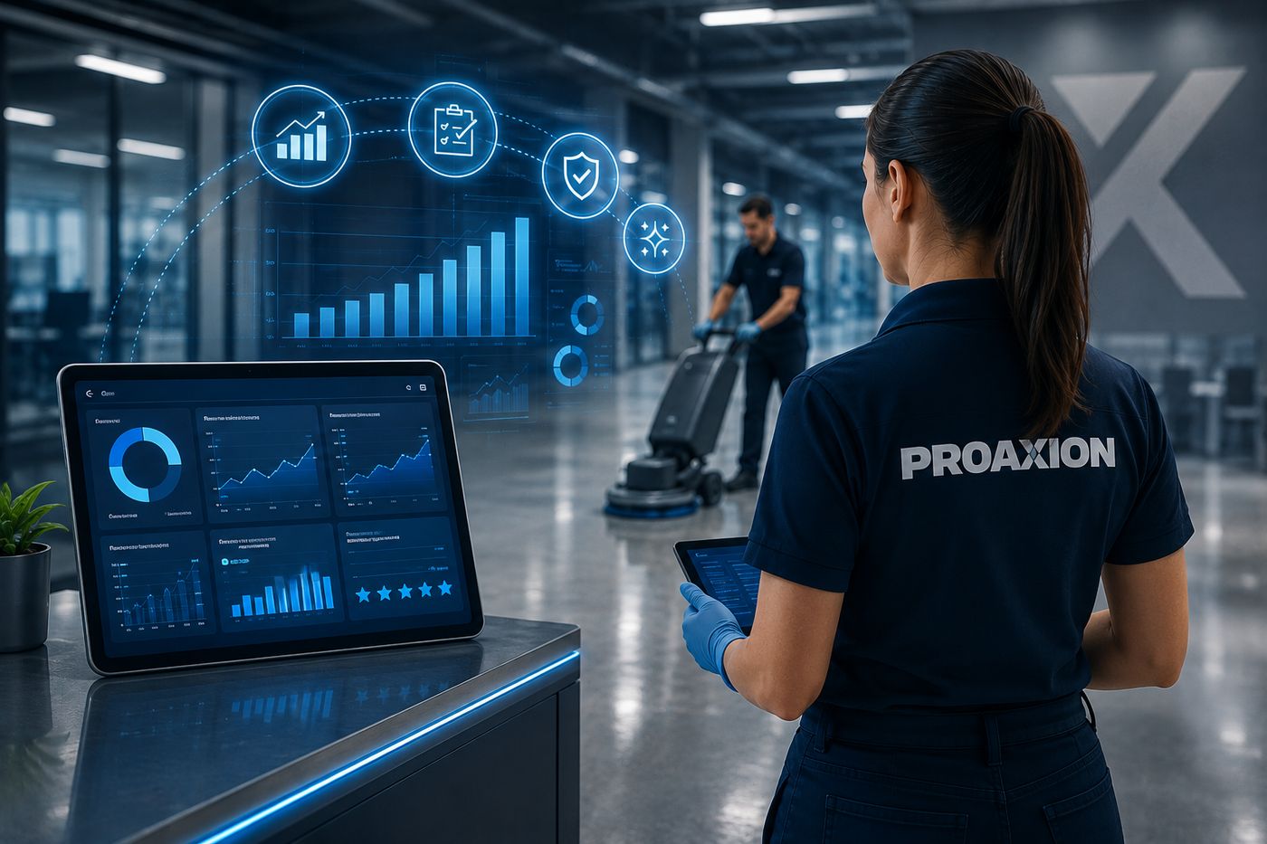 Une employée de Proaxion consulte les indicateurs de performance sanitaire sur tablette